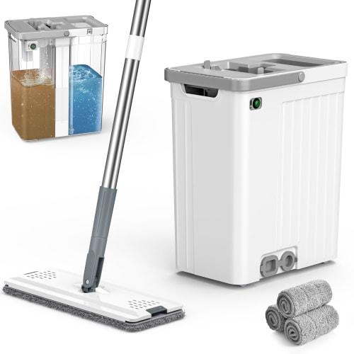 

Набор швабры и ведра LyriFine с автоматическим насосом, 3-зонным разделением чистой и грязной воды, система плоской швабры и ведра с отжимом и колесами, и 4 многоразовыми