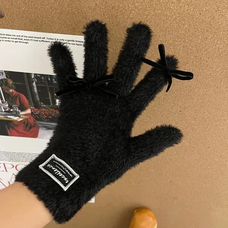 Version Coréenne Gants Tricotés en Laine pour Femmes en Hiver Pelucheux et Épaissis Chaleur pour le Cyclisme Gants Compatibles Écran Tactile Assortis