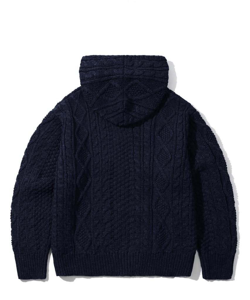TRILLION Washable Aran Cable Hooded Zip-Up Knit (Current Navy)