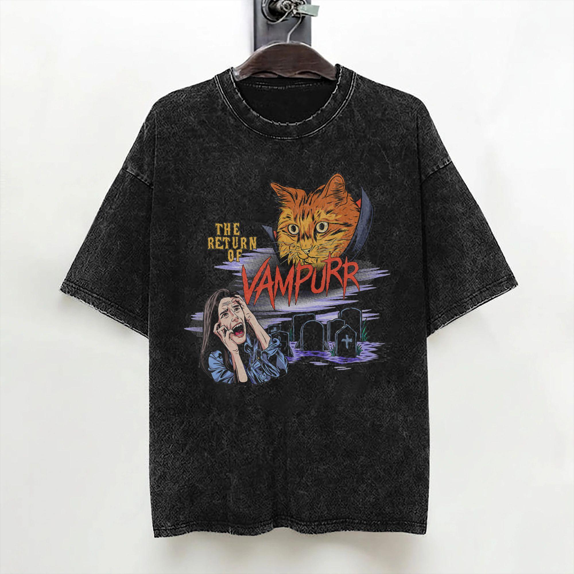 Return of The Vampurr T Shirt Washed Cotton Street TShirt Halloween Vampire Cat for Men Women Streetwear Summer Tee Shirt 2XL