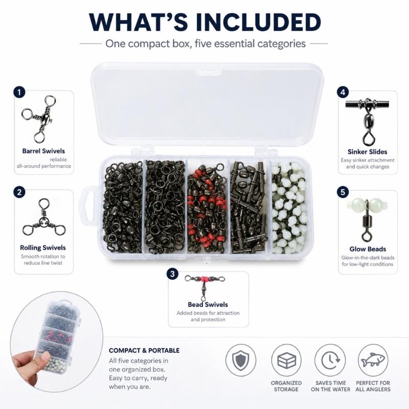 Steel Fishing Line Fasteners, 110 Assorted Rotating Tackle Attachments for Joining Line with Multiple Fishing Accessories During Assembly