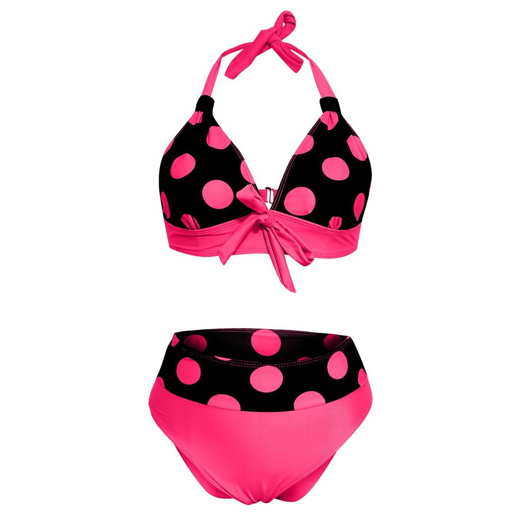 Women's High Waist Sexy Polka Dot Bikini Split With Chest Pads Without Bra Swimsuit