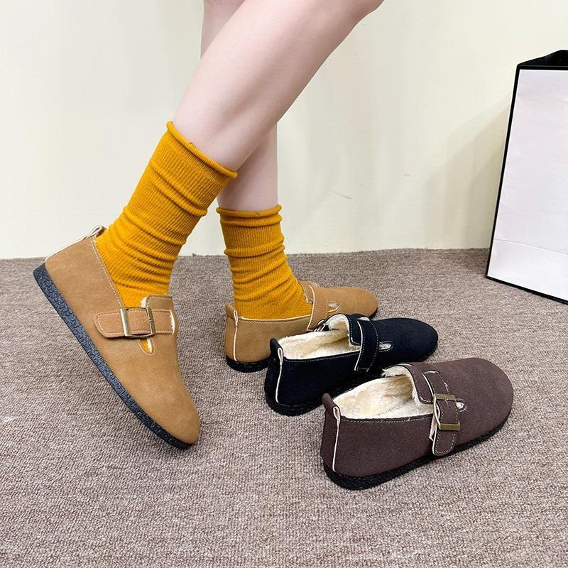 Retro women's autumn and winter velvet warm cotton shoes with soft soles, ugly and cute single shoes with flat soles