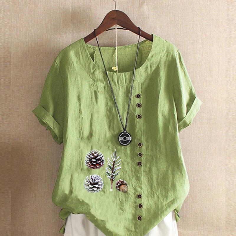 

Женская модная футболка с круглым вырезом и коротким рукавом, повседневная рубашка из хлопка и льна с рисунком, свободная летняя блузка с принтом в виде шишки 5XL зелёный