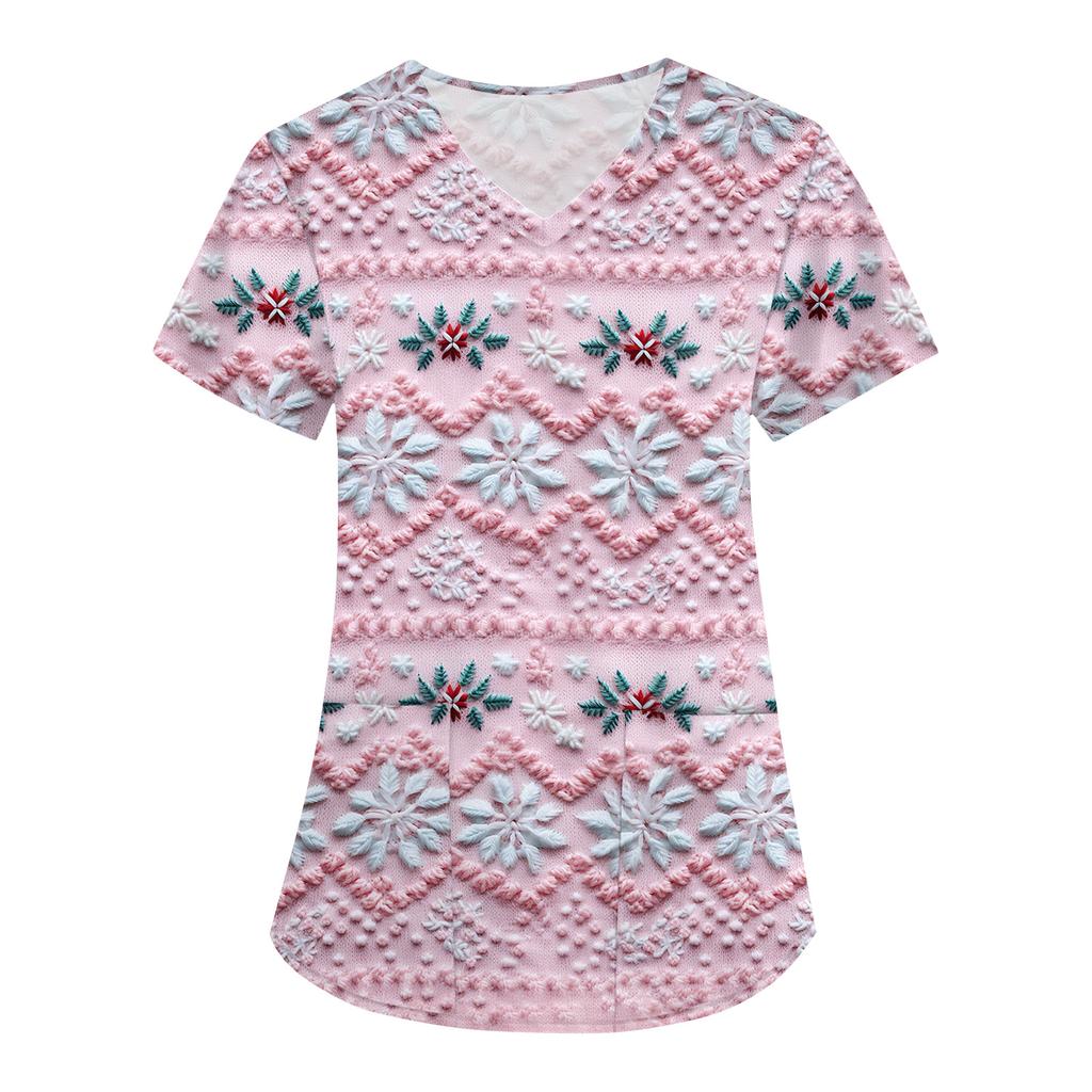 Women's Christmas Print Loose V-Neck Pocket Short-Sleeved Uniform