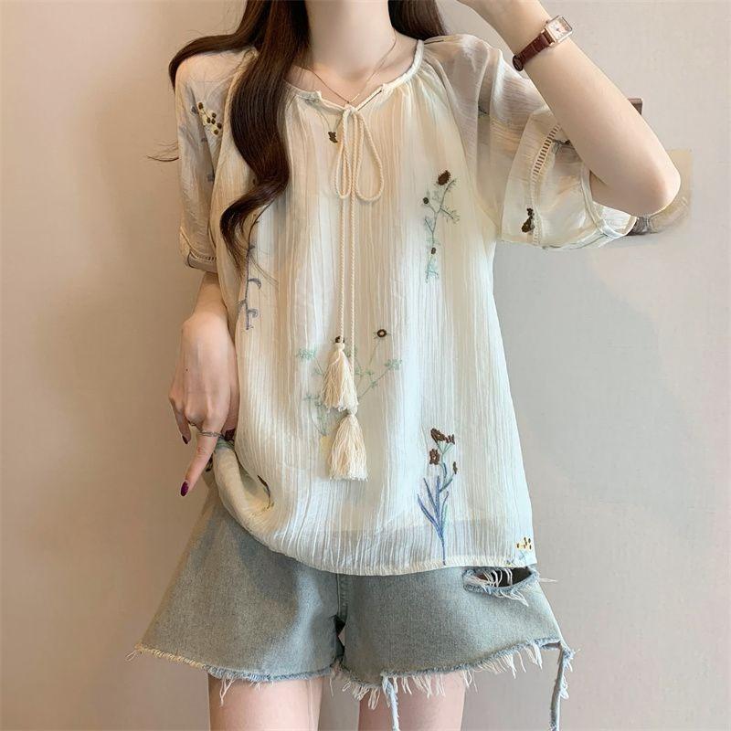 

Chinese Style Women s Short Sleeved Tops Flower Embroidery Round Neck T-shirt Loose Casual Ladies Clothing S абрикосовый
