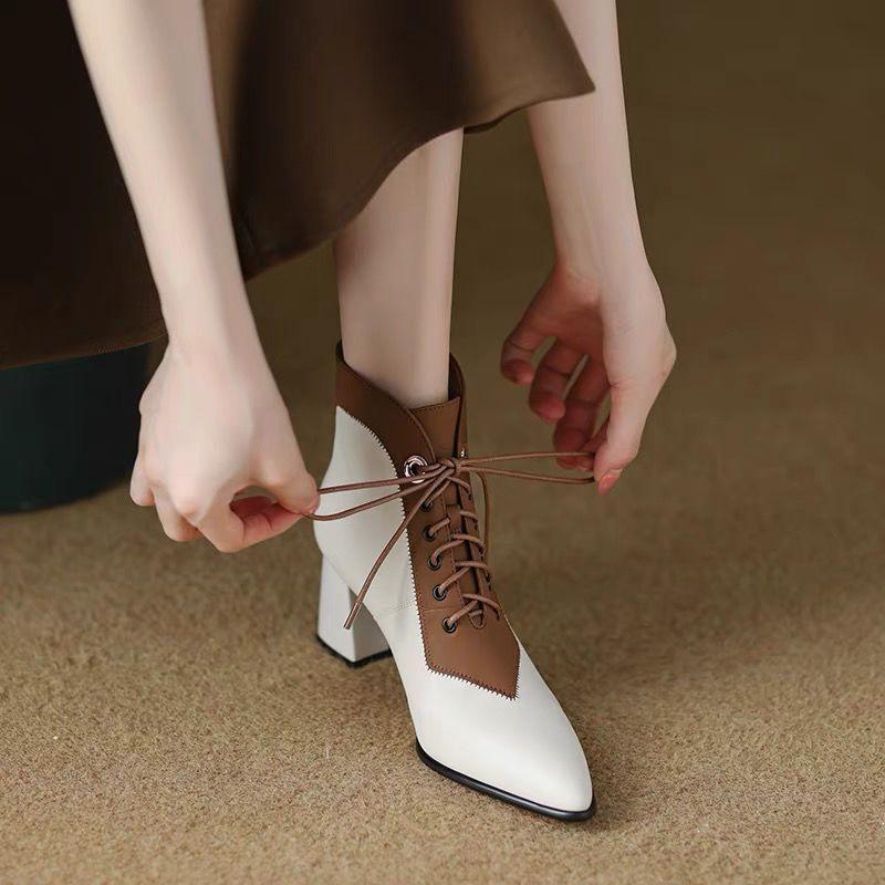 Fashion Color Blocking Heeled Ankle Boots for Women Autumn Winter Leather Lace-up Booties High Quality Hot Pointed Toe Woman Short Shoes