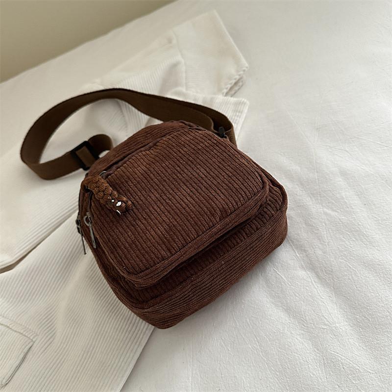 Small Female Corduroy Shoulder Bag With Interior Phone Pocket For Casual Outings
