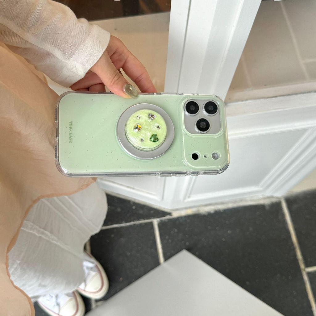 Minimalist Green Ink Splash Case with Gemstone Holder for iPhone 17 Pro Max/16/15/14