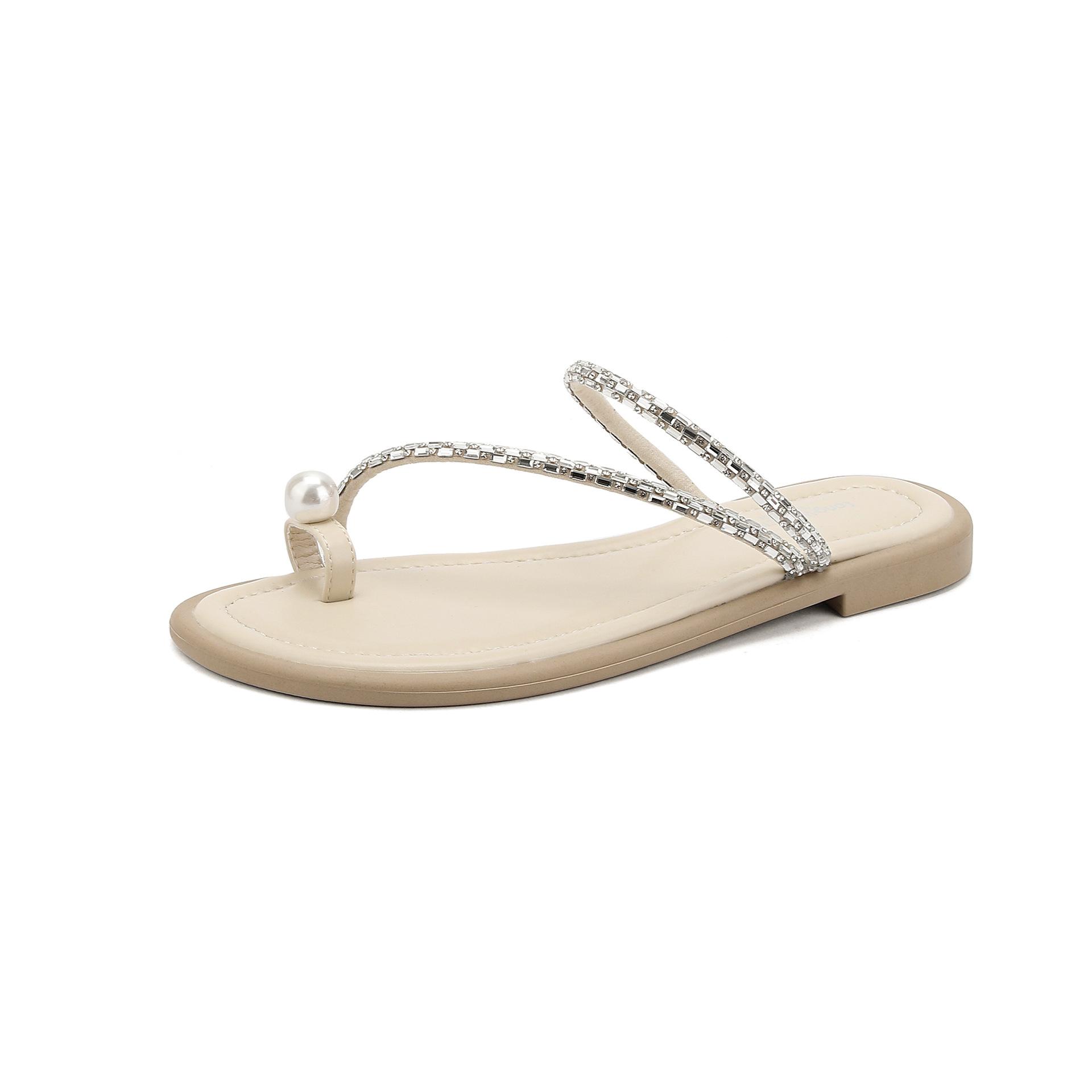 

Fashion pearl rivets clip toe slippers women crystal beading narrow band flip flops new summer beach slides shoes sandalias mujer 41 абрикосовый