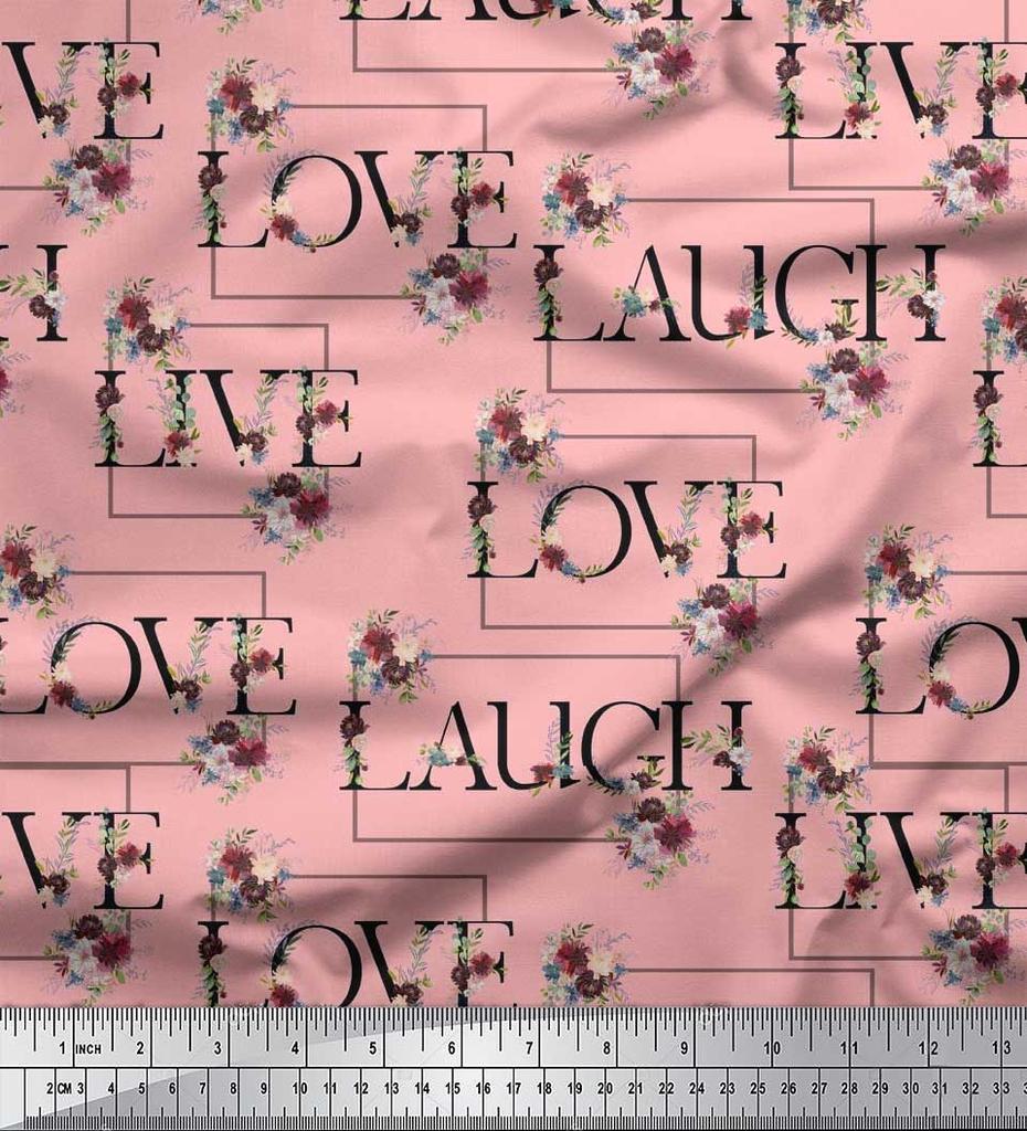 Soimoi Japan Crepe Satin Fabric Floral Love Text Fabric Prints By Metre 42 Inch