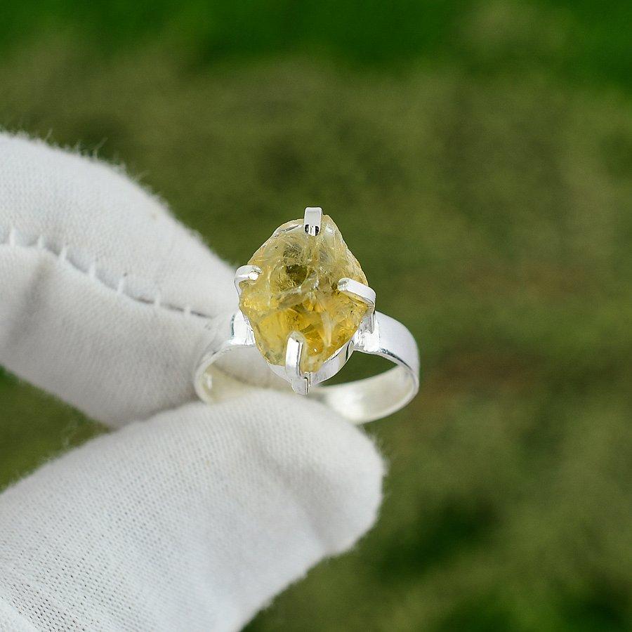 Birthday Gift For Her Natural Citrine Rough Solitaire Ring Size 7.5 925 Silver