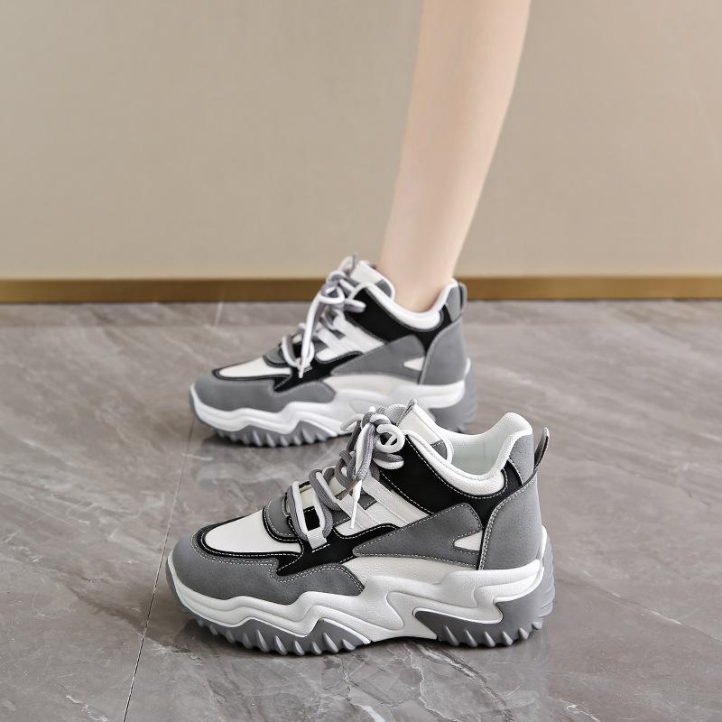 Autumn women's shoes new breathable high-top sports shoes children's Korean version versatile thick-soled heightening casual dad shoes trendy shoes