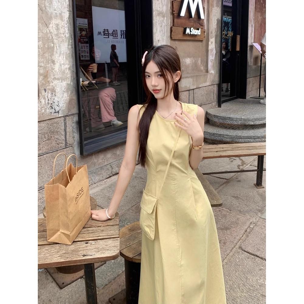[Invisible Zipper + Small Backpack] Pure and Gentle Yellow Dress for Women's Summer Round Neck, Waist and Thin Back