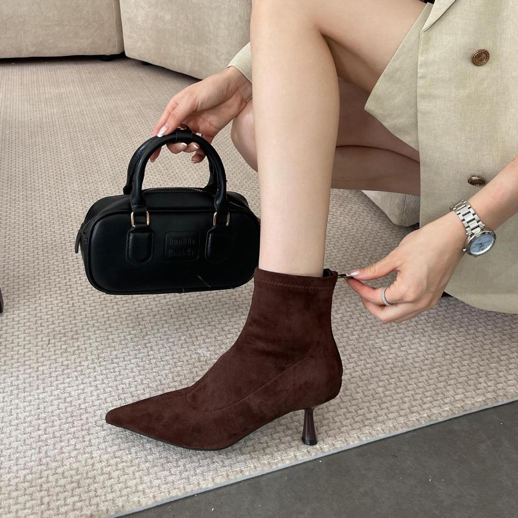 British High-heeled Pointed-toed Temperament Suede Short Boots for Women 2025 New Autumn and Winter Thin-heeled Korean Thin Martin Boots for Women