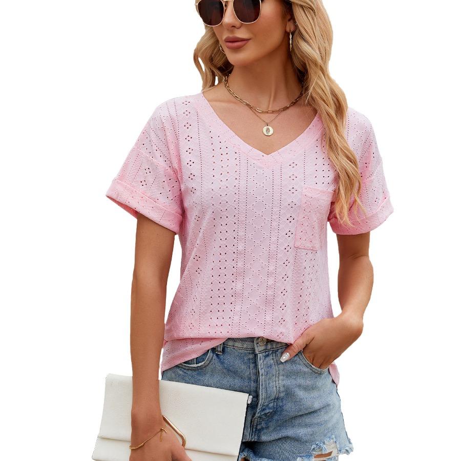 Frühling Sommer Einfarbig Bluse Mode Tasche V-ausschnitt Lose Kurzarm Top für Frauen