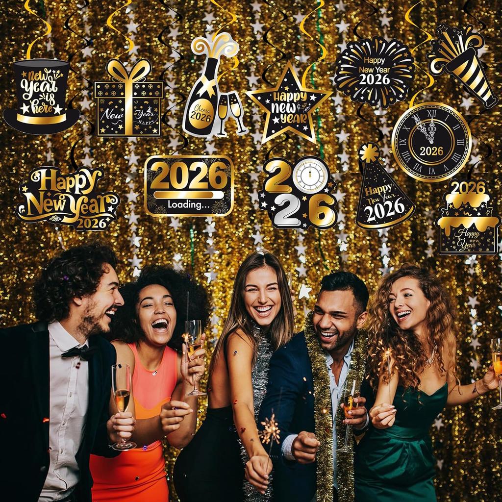 New Year Theme Party Supplies Happy 2026 New Year Hanging Swirls 20Pcs New Year's Eve Hanging Decorations 2026 Countdown Party Ceiling Streamers for