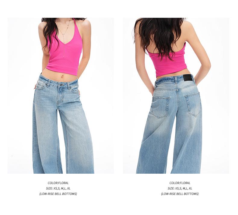 Women's American Retro Light Wash Mid-Rise Ripped Wide Leg Floor-Length Jeans