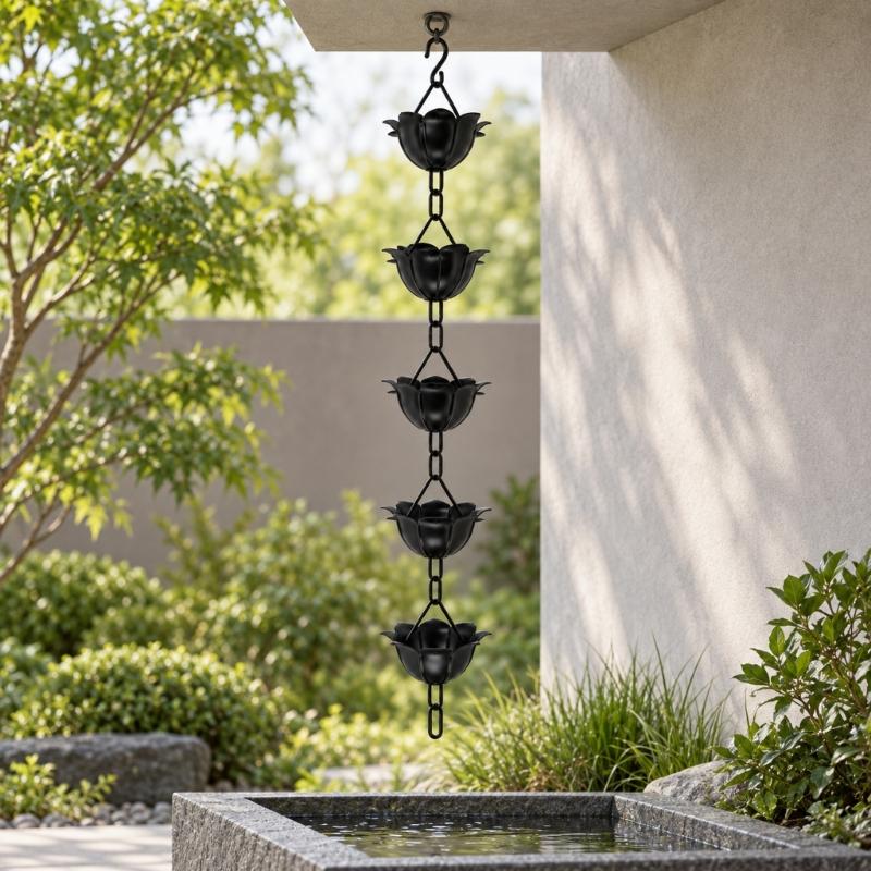 Outdoor Flower Rain Chain for Roof Rainwater, Black Aluminum Hanging Display with Repeating Cups for a Vertical Feature near Gardens and Balconies