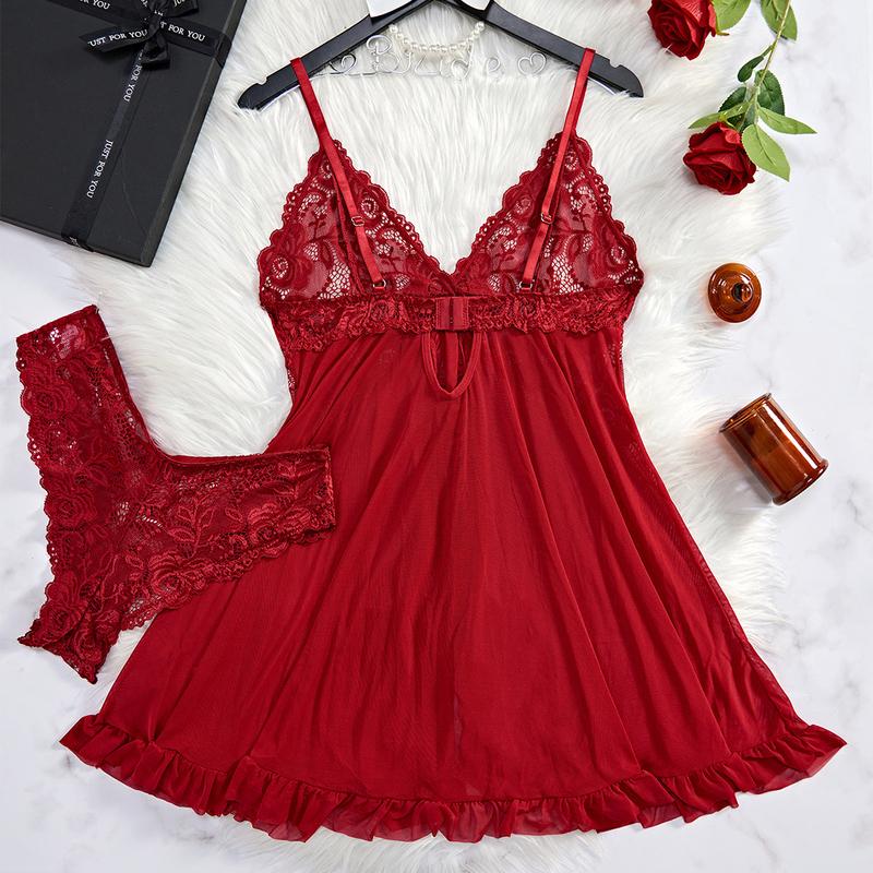 Sommer Sexies Dessous-Kleid Damen Spitze Durchsichtiges Nachthemd Nachtwäsche Einfarbig Schlank Weich V-Ausschnitt Unterkleid Nachtwäsche & Kleider