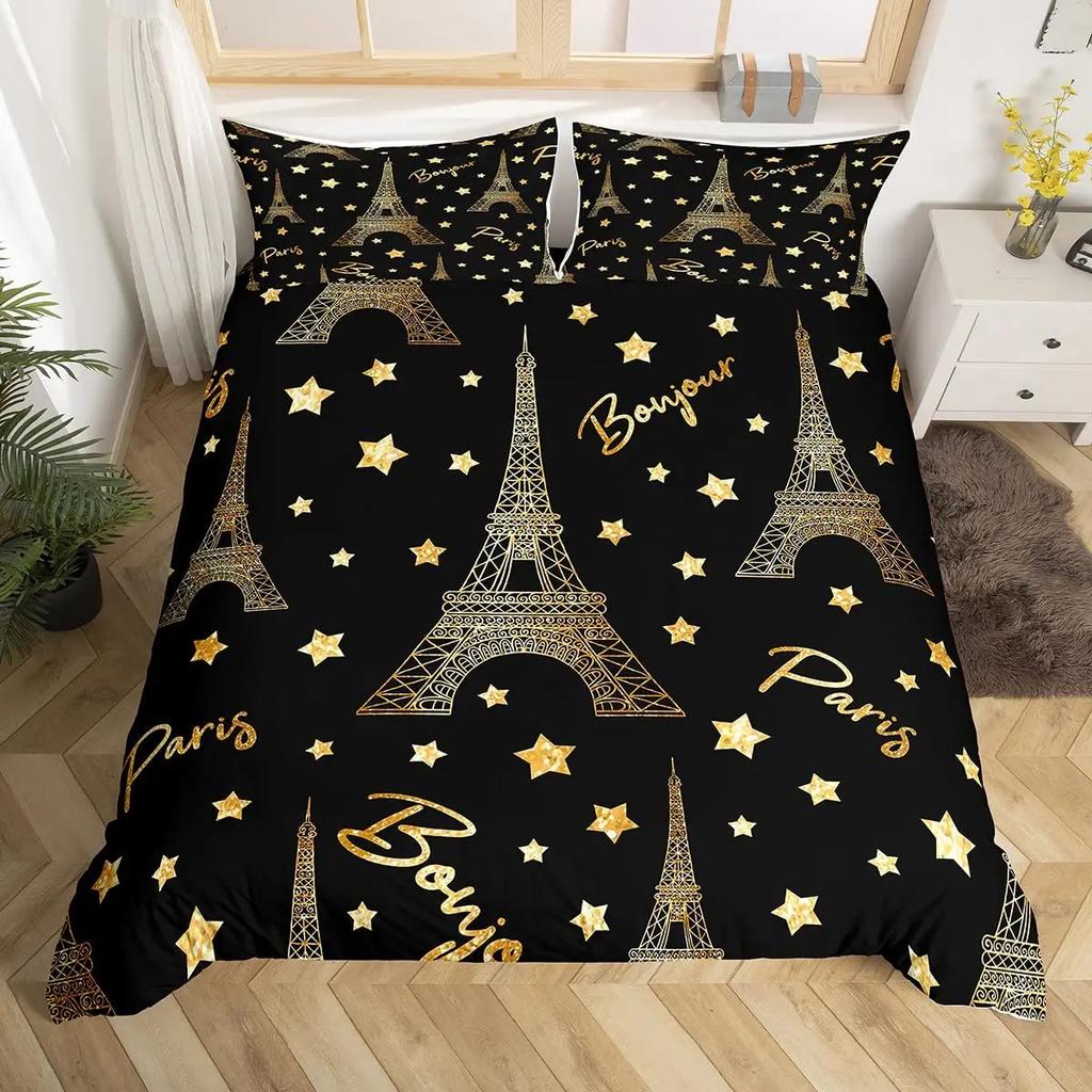 Paris Bettbezug-Set Queen Size Eiffelturm Bettwäsche-Set Mädchen Schwarz und Rosa Paris Deckenbezug Romantischer Französischer Bettdeckenbezug