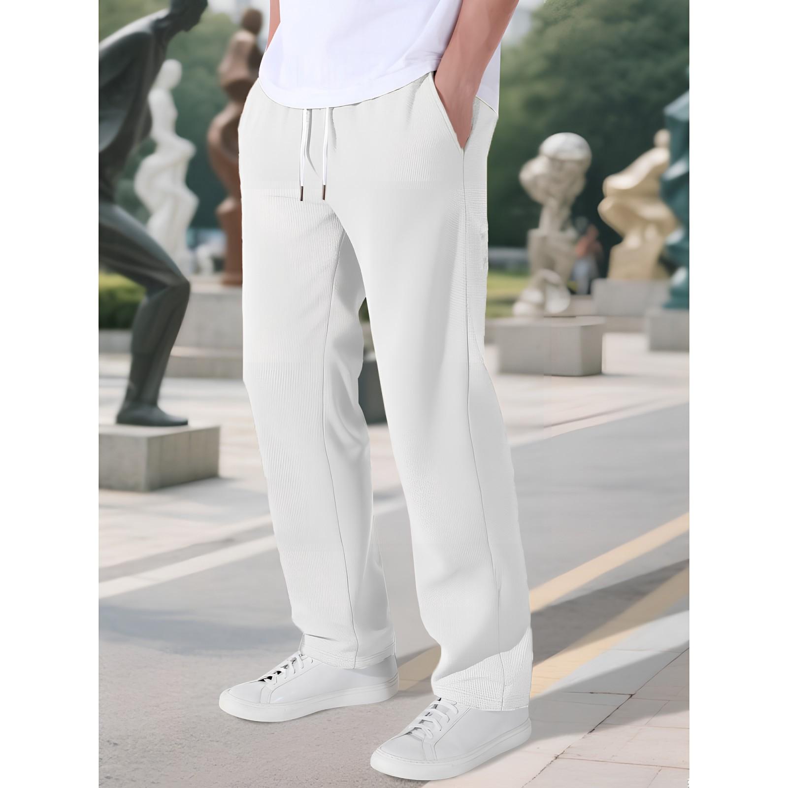 

Men s Solid Color Weave Breathable Loose-Fit Casual Straight Leg Pants L бежевый