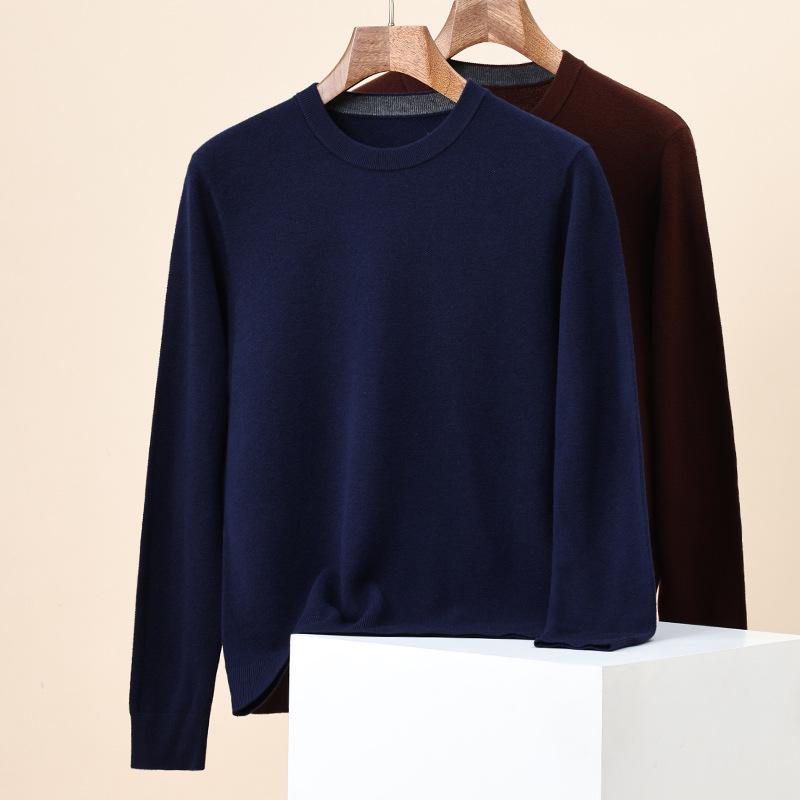 Men's 100% Pure Wool Solid Color Round Neck Sweater - 2025 Autumn/Winter Collection, High-End Base Layer
