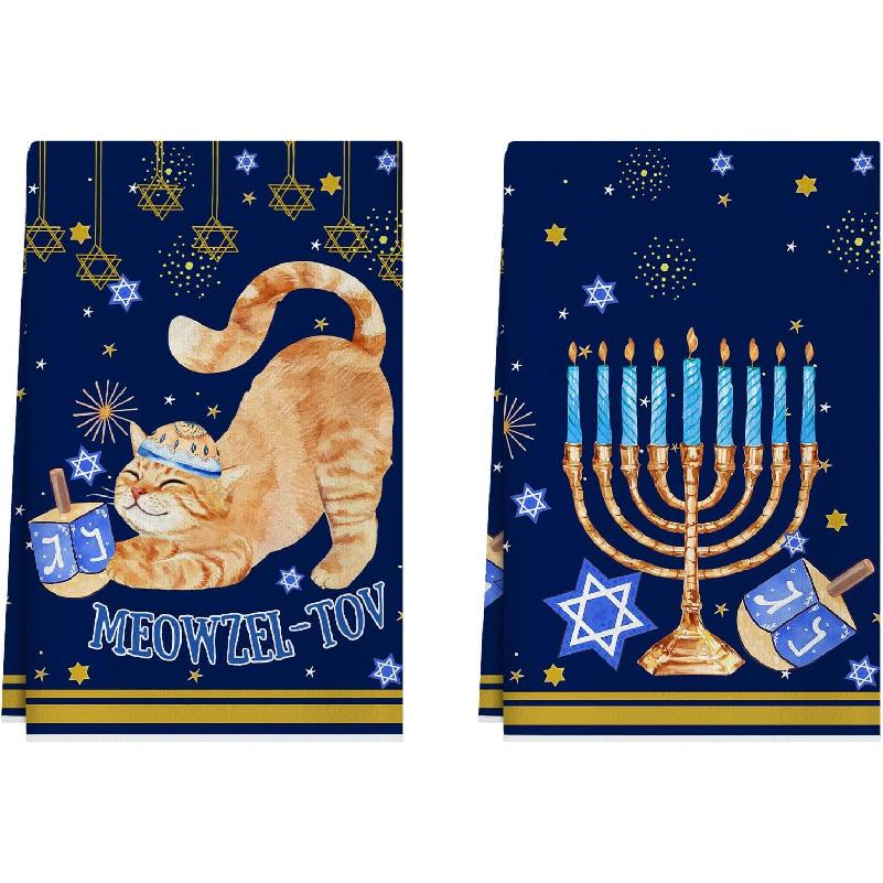 XCHI Hanukkah Cat Chanukah Menorah Six-Pointed Star Dreidel Kitchen Towels Dish Towels 18x26 Inch Home Kitchen Decorations Hand Towels Set of 2
