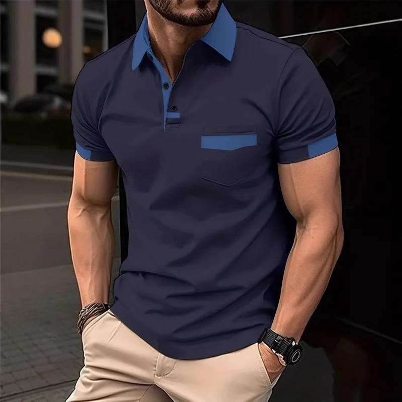 

Men Contrast Color Short Sleeve Polo Shirt With Chest Pocket S темно-синий