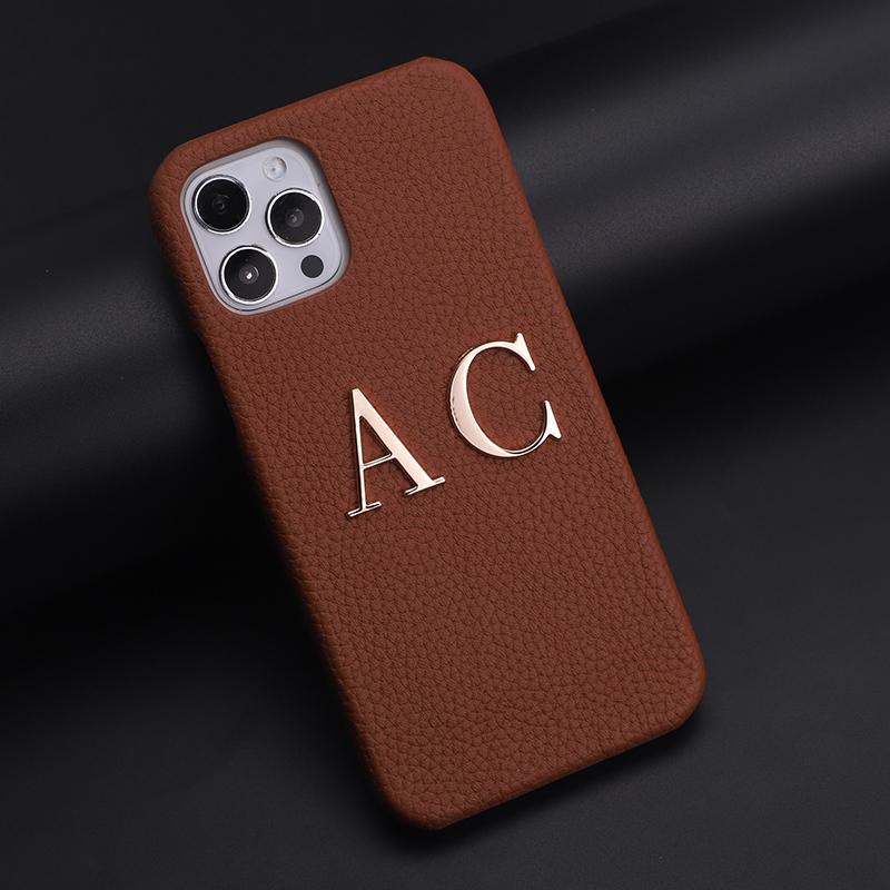 Custom Name Letter Gold Metal Genuine Leather Phone Cas for16 11 12 13 14 15Pro Max 16 15Plus XS XR Personalization Cover Luxury