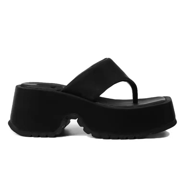 2025 Summer New Thick-soled Muffin Shoes Waterproof Table Super High Heel Black Wedge Heel Clip-on Flip-flops High-heeled Sandals