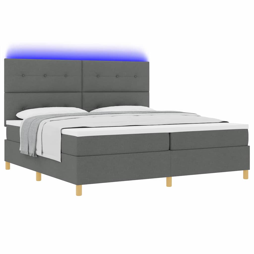 LED Box Spring Bed with Headboard Dark Gray 200 x 200 cm Fabric