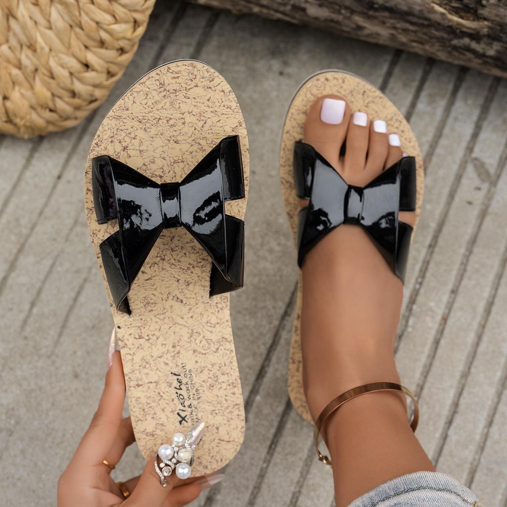 Summer women's casual slippers new outer wear bow flat bottom round head word beach sandals