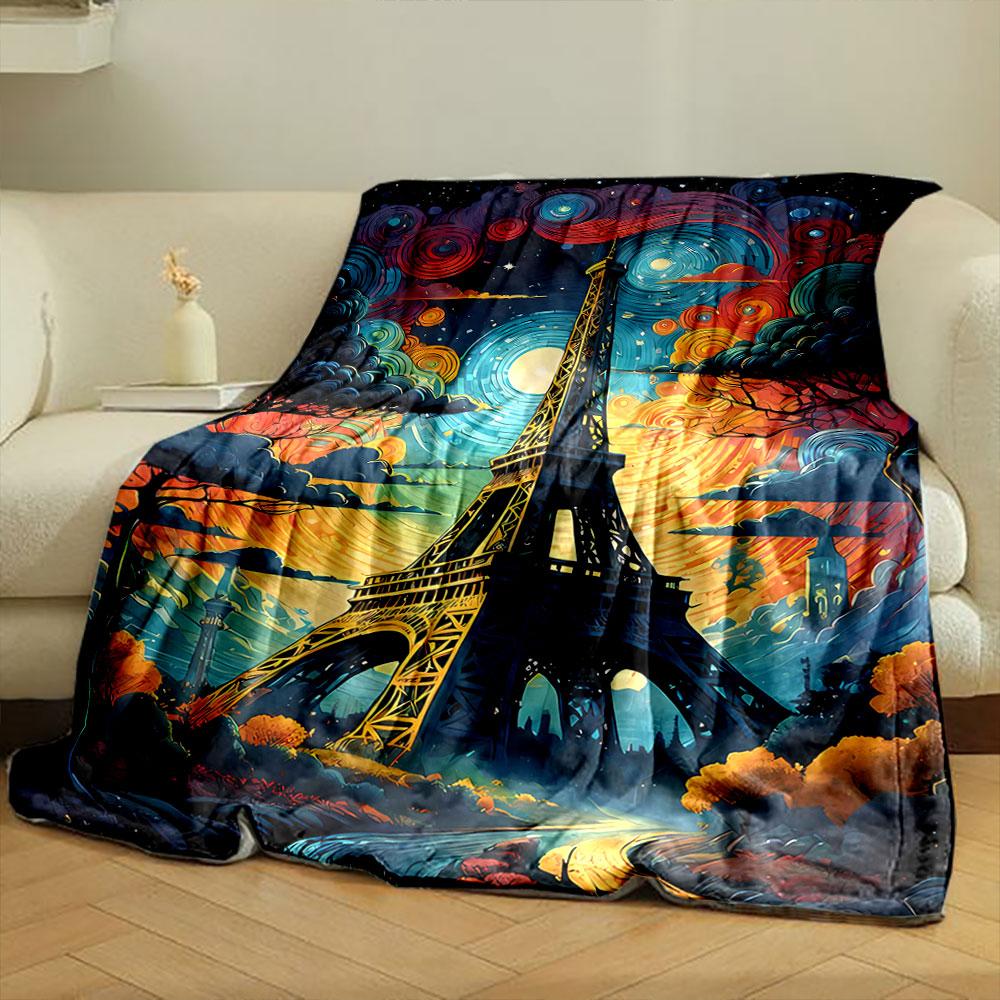 The Eiffel Tower with vivid swirling skies in a Van Gogh-inspired style. for all seasons blanket lunch break throw gift