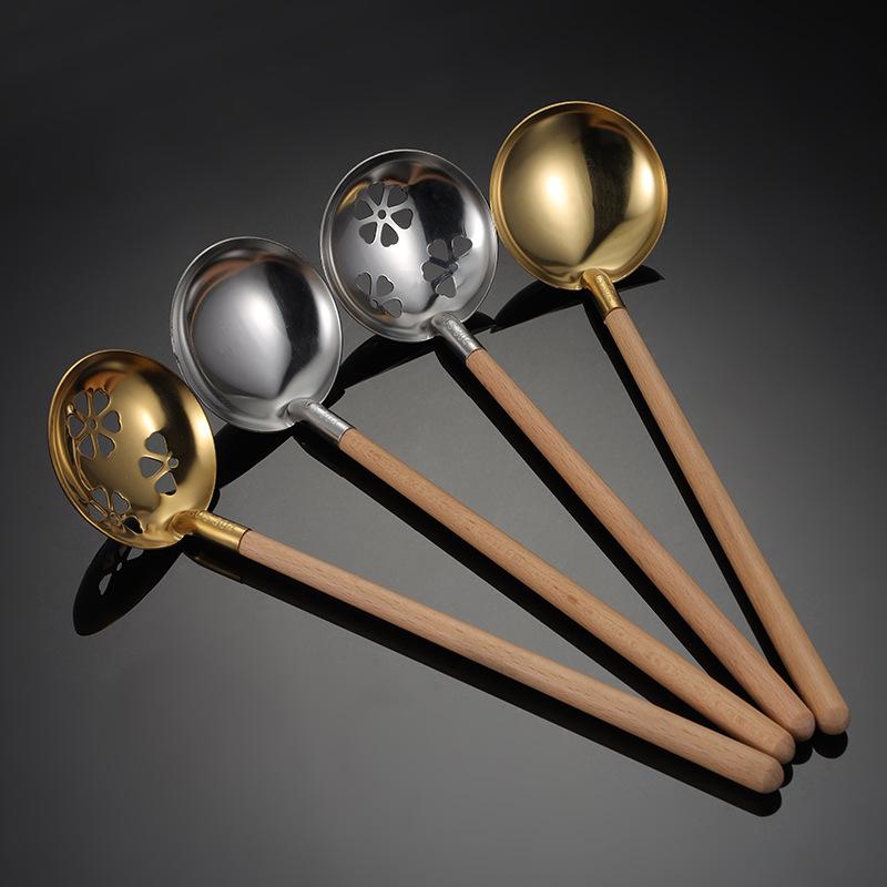 304 Stainless Steel Tableware Japanese Wooden Handle Soup Shell Colander Household Kitchen Gadgets Ramen Spoon Gold