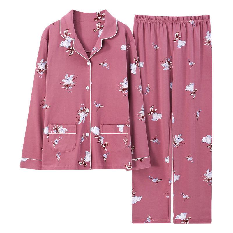 In the Elderly Pure Cotton Pajamas Women's Spring and Autumn Long-sleeved Middle-aged Mother Large Size Cardigan Set Old Lady Loungewear