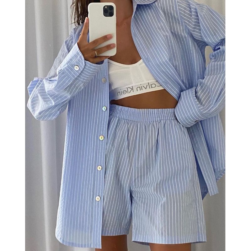 

Европейская и американская полосатая рубашка свободного кроя + шорты с карманами Dark Blue S