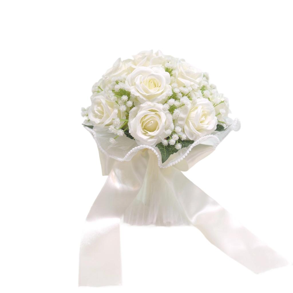 Elegant Bridal Bouquet with White Roses and Baby s Breath adorned with Pearls - Artificial Handheld Wedding Floral Arrangement
