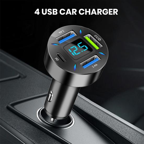 66W Car Super Fast Charger with 4 USB Ports LED Display Real-time Battery Monitoring PD QC3.0 2.4A Car Charger for Phone Tablet