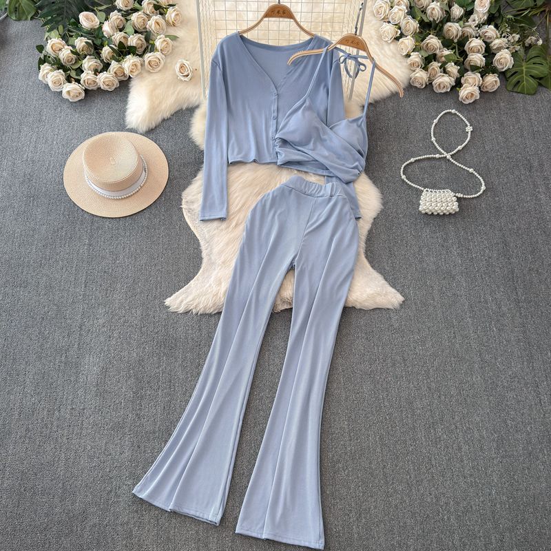 

Autumn Suit Women s Short Long Sleeve Spaghetti-Strap Knitwear + High Waist Slim Looking Casual Bootcut Pants Three-Piece Suit Fashion