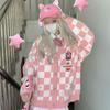 Oversized Women Knitted Cardigan Checkerboard JK Sweater Jacket Autumn Top