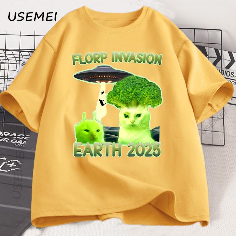 Funny Alien Brainrot Cat T-Shirt Broccoli Cat Printed Tshirt Cotton Short Sleeve Round Neck T Shirt Men's Clothes Streetwear