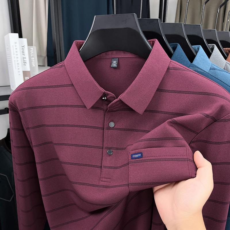 

2025 Long Sleeved Men S Spring And Autumn Collar Striped Pullover Top With Loose Pockets Polo Shirt 2XL