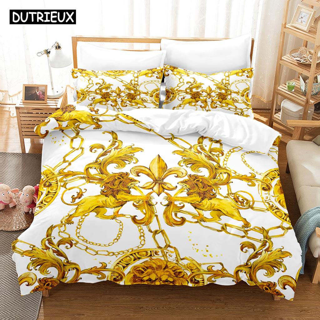 Set de lenjerie de pat cu model decorativ auriu imprimat 3D, husă de plapumă din puf cu față de pernă, dublu, single, king