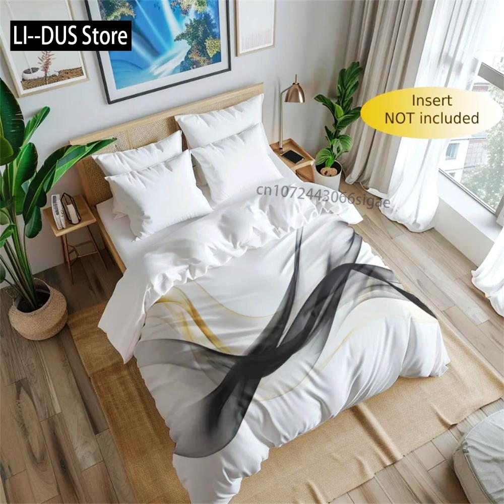 Ribbon Beige Black Duvet Cover Ribbon Abstract Bedroom Abstract Design Duvet Cover White Modern Style Duvet Cover Glam Duvet Set 135x200cm