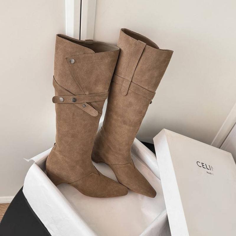 European and American new pointed Martin boots solid color leather large size women's boots sleeve autumn and winter large tube circumference cow