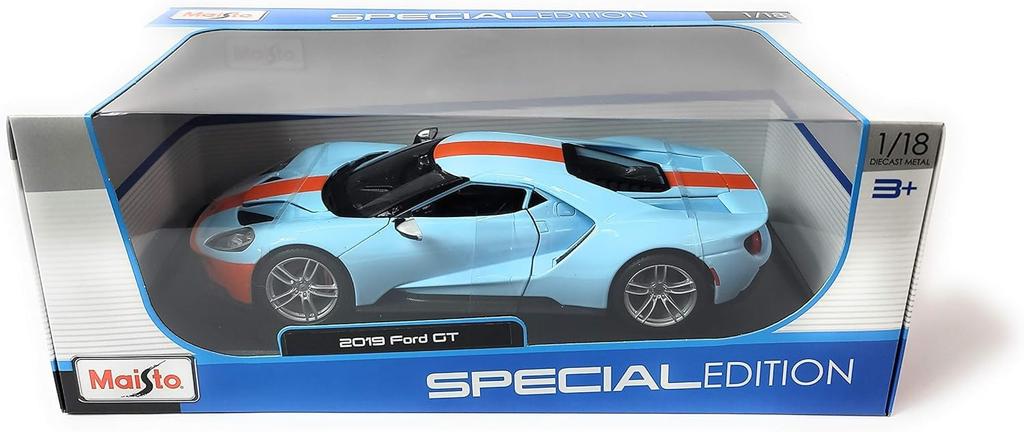 Maisto 2019 Ford GT Blue with Orange Stripes 1/18 Scale Special Edition Diecast Car with Opening Doors and Hood