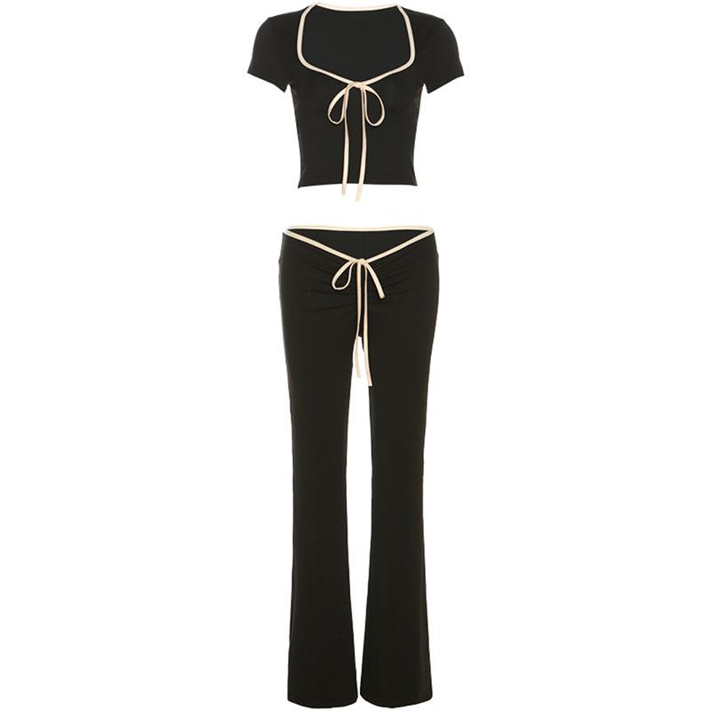 Women's Summer Short Sleeve Square Neck T-Shirt Slim Low Waist Micro Pants Set