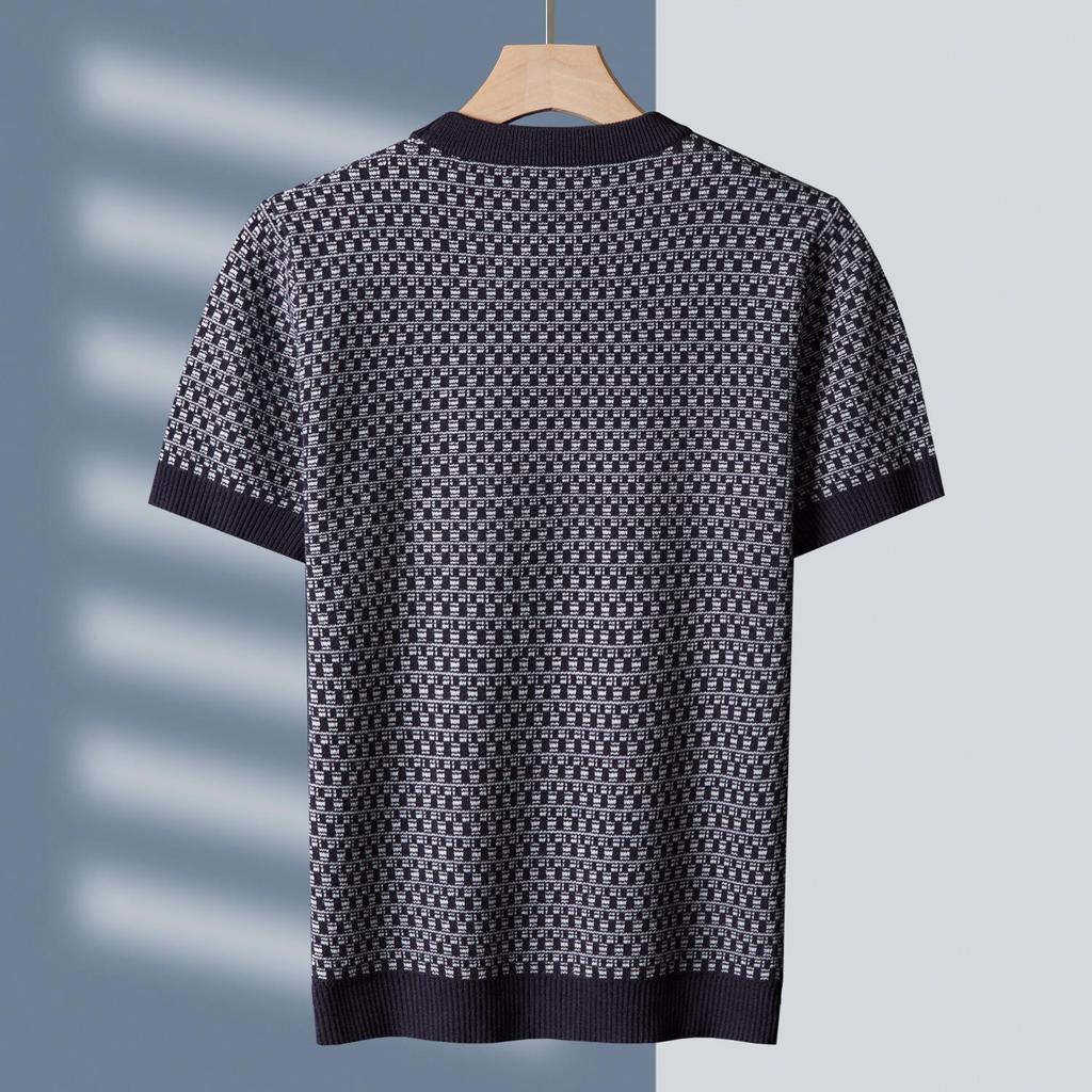Men's Short Sleeve Jacquard Sweater: Autumn/Winter Round Neck Light Luxury Knit Undershirt