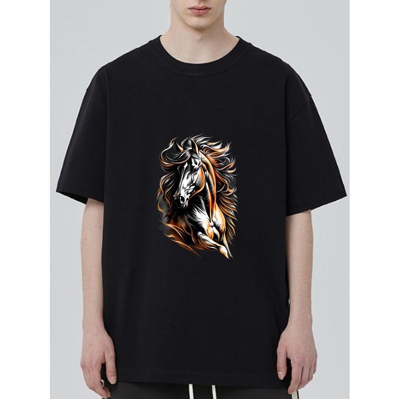 Black T Shirt With Horse Flame Design For Casual Wear